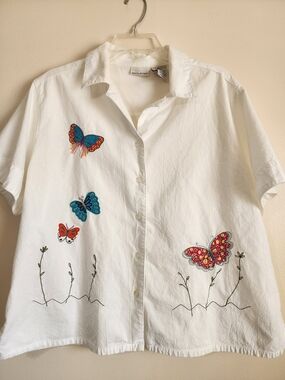 White Butterfly Embroidered Button-Up Womens Shirt